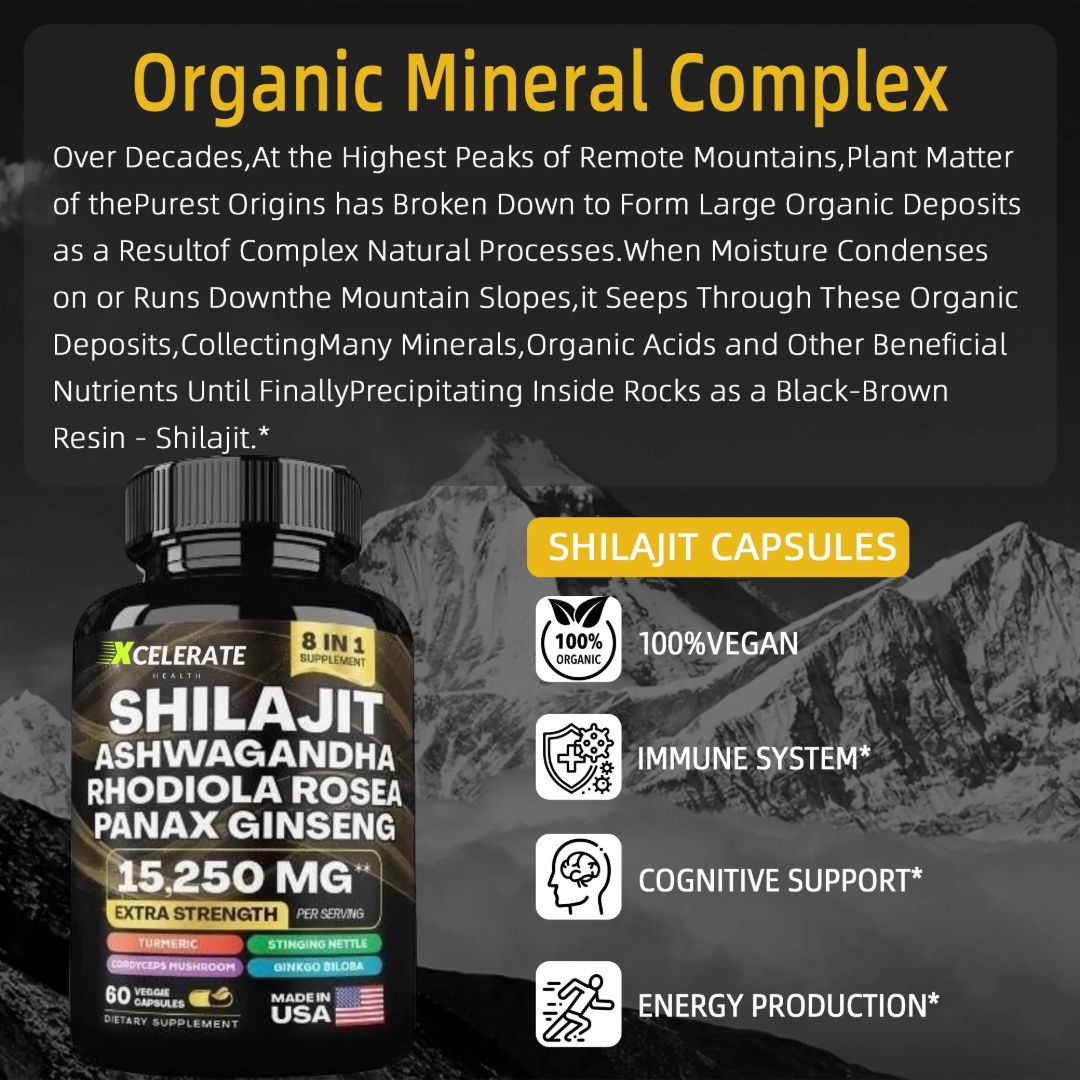 Xcelerate Health Shilajit & Ashwagandha Blend 8 in 1 Supplement Extra Strength Healthcare Fitness Natural