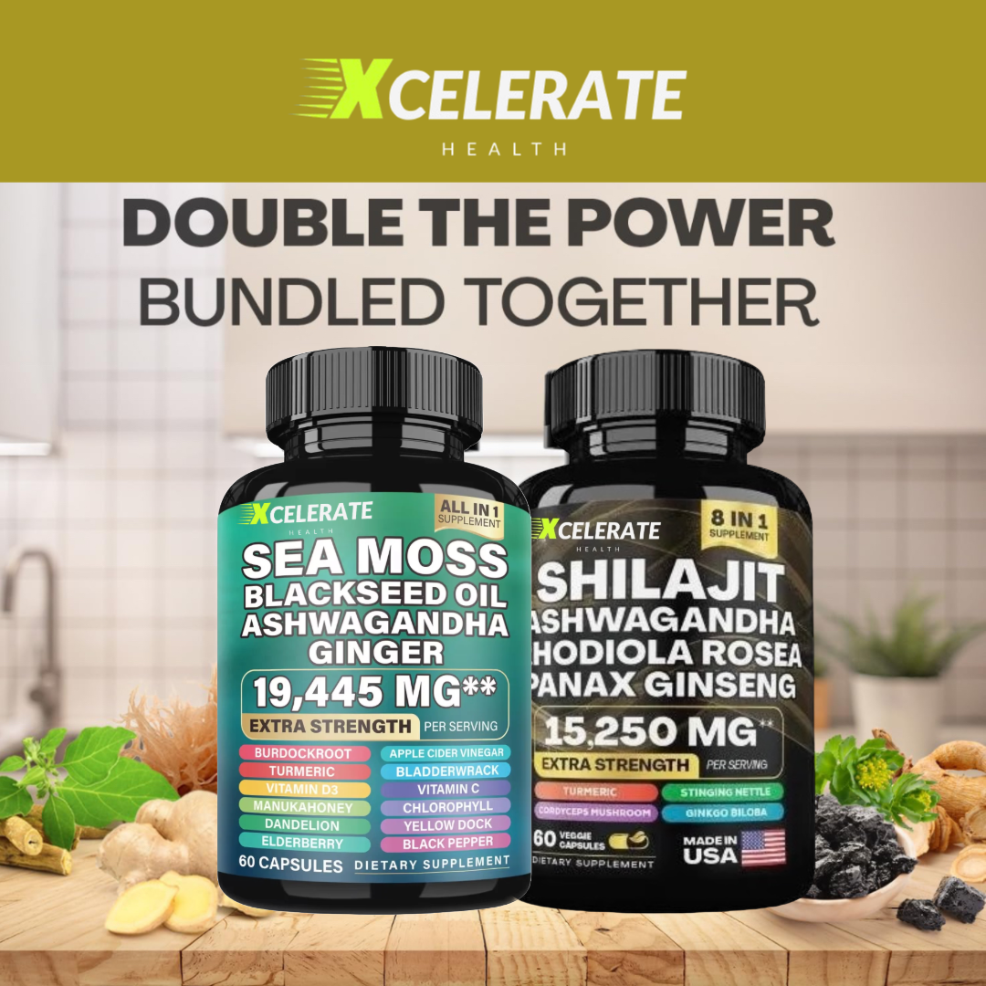 Ultimate Bundle Shilajit Ashwagandha Sea Moss, Black Seed Oil, Ginger, Rhodiola Rosea, Panax Ginseng (2 Bottles 120 CT)