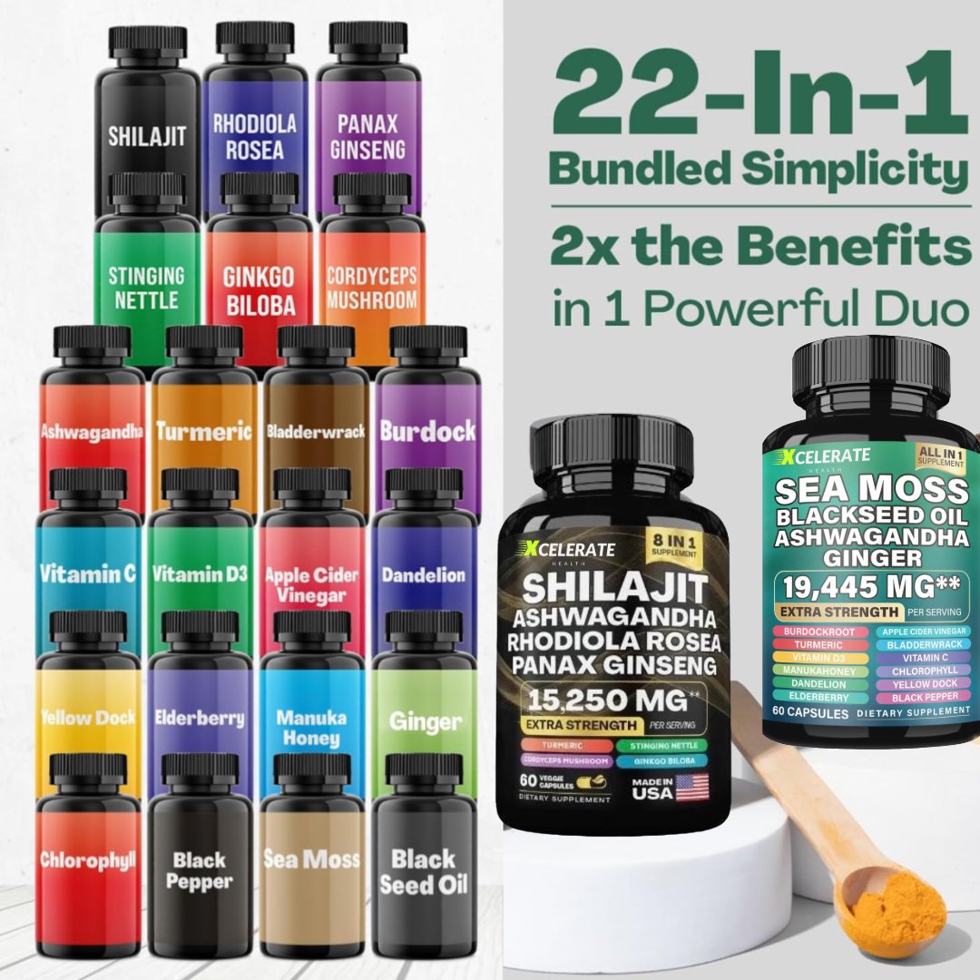 Ultimate Bundle Shilajit Ashwagandha Sea Moss, Black Seed Oil, Ginger, Rhodiola Rosea, Panax Ginseng (2 Bottles 120 CT)