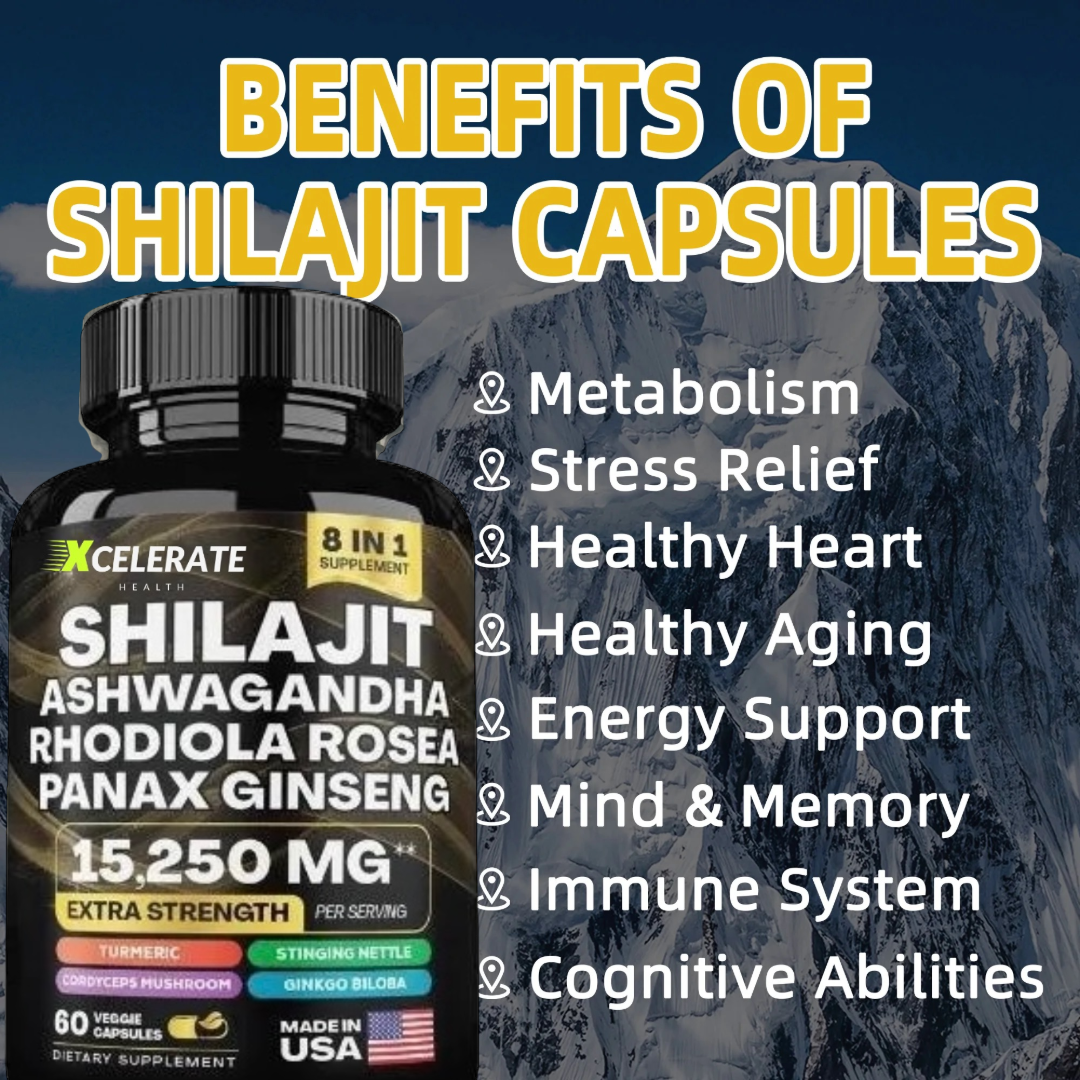 Xcelerate Health Shilajit & Ashwagandha Blend 8 in 1 Supplement Extra Strength Healthcare Fitness Natural