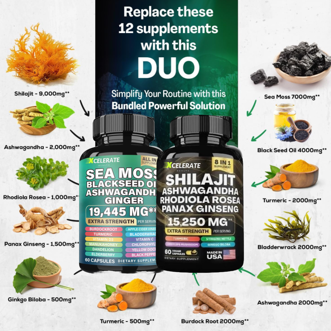 Ultimate Bundle Shilajit Ashwagandha Sea Moss, Black Seed Oil, Ginger, Rhodiola Rosea, Panax Ginseng (2 Bottles 120 CT)