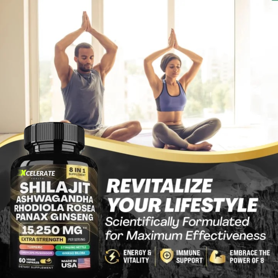 Xcelerate Health Shilajit & Ashwagandha Blend 8 in 1 Supplement Extra Strength Healthcare Fitness Natural