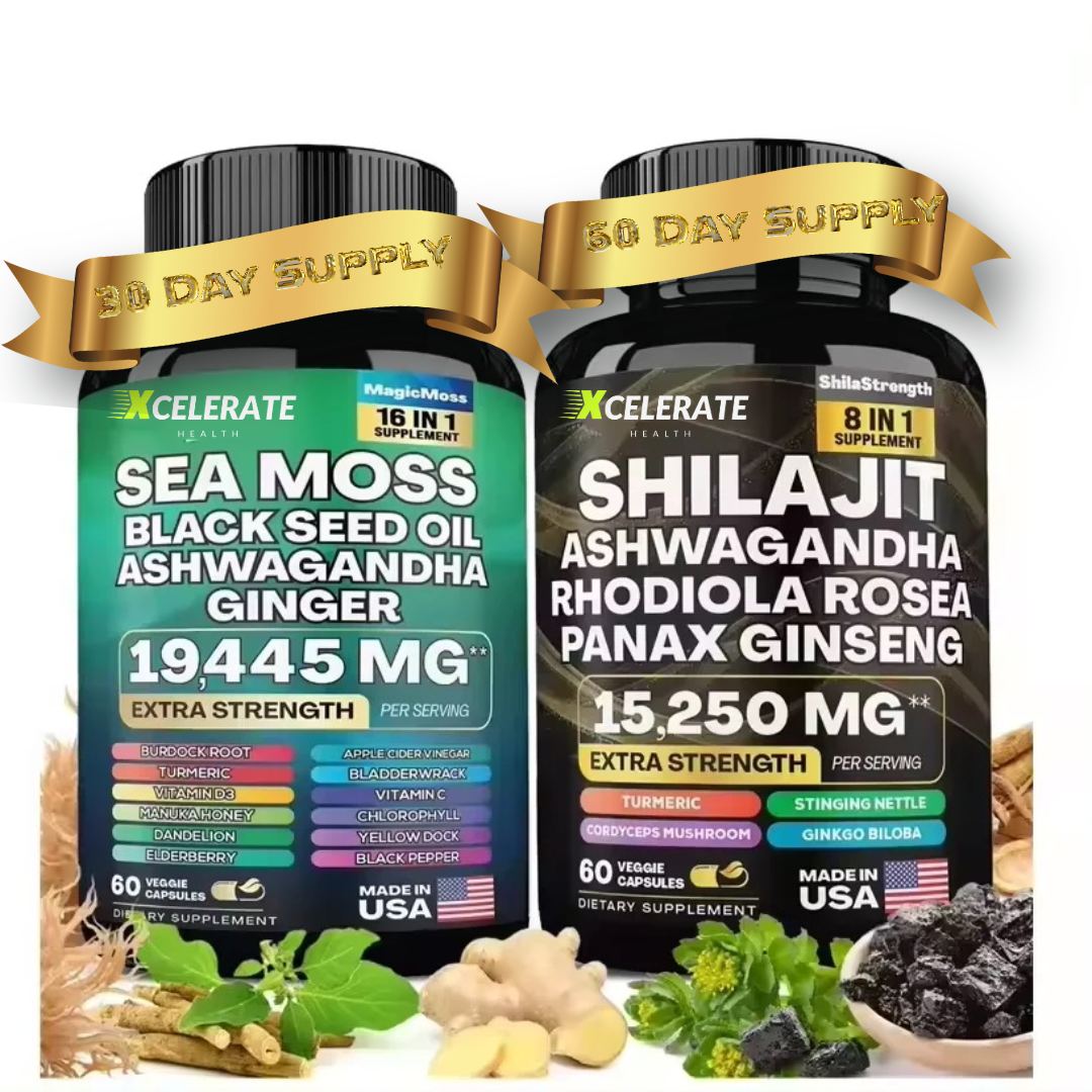 Ultimate Bundle Shilajit Ashwagandha Sea Moss, Black Seed Oil, Ginger, Rhodiola Rosea, Panax Ginseng (2 Bottles 120 CT)