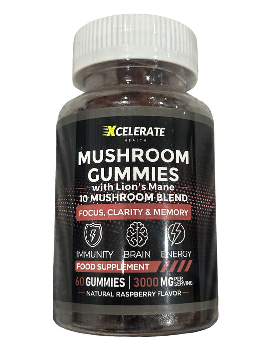 Xcelerate HealthXcelerate HealthLions Mane W/Ashwagandha & Mushroom Blend GummiesImprove your cognitive function with our Lions Mane W/Ashwagandha &amp; Mushroom Blend Gummies. These gummies contain Lions Mane, a mushroom known for its ability to