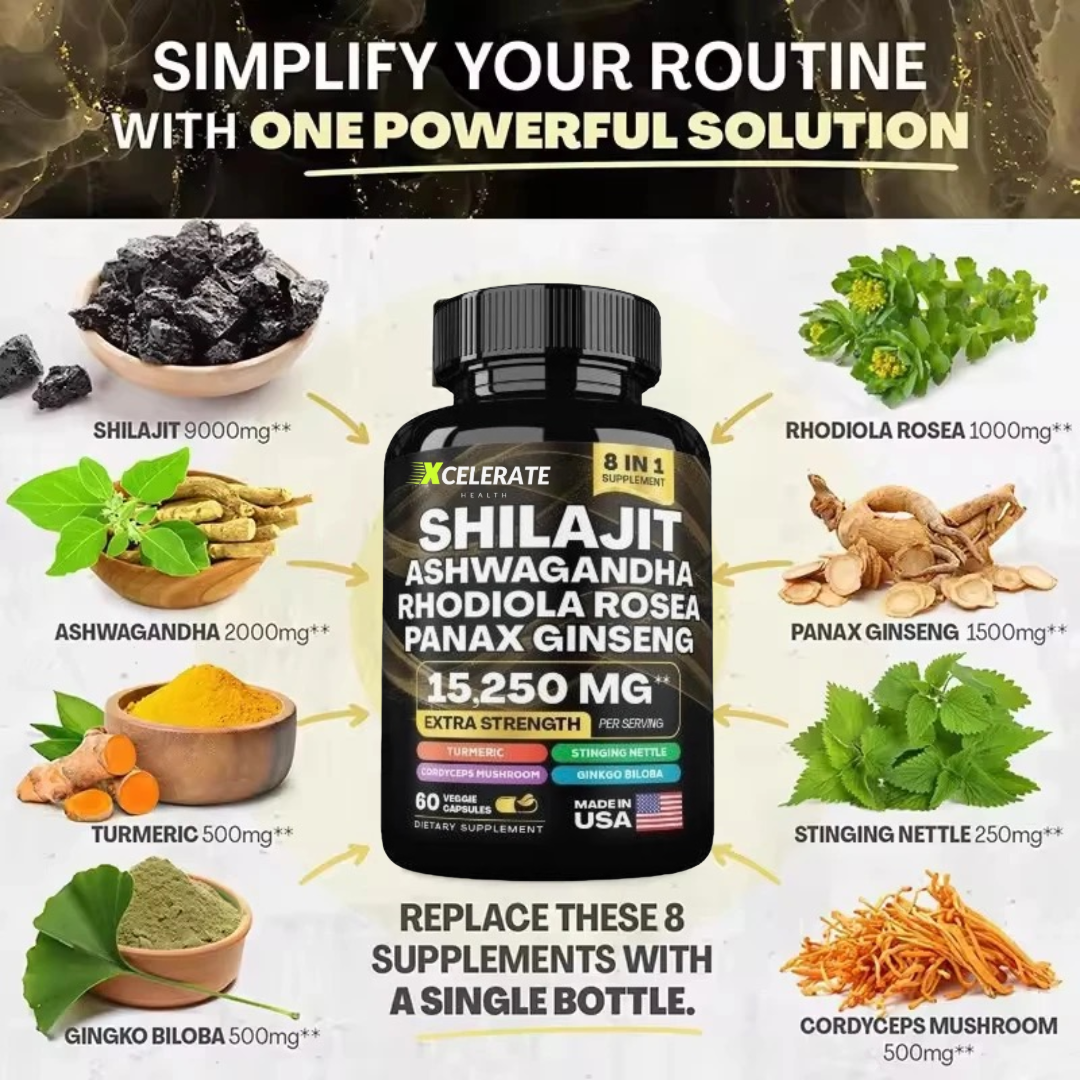 Xcelerate Health Shilajit & Ashwagandha Blend 8 in 1 Supplement Extra Strength Healthcare Fitness Natural