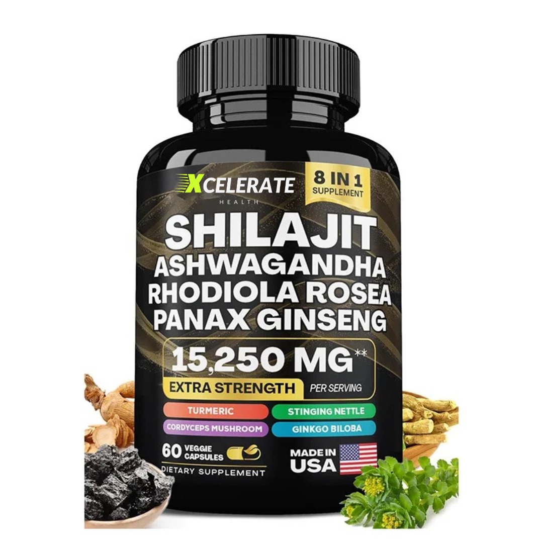 Xcelerate Health Shilajit & Ashwagandha Blend 8 in 1 Supplement Extra Strength Healthcare Fitness Natural