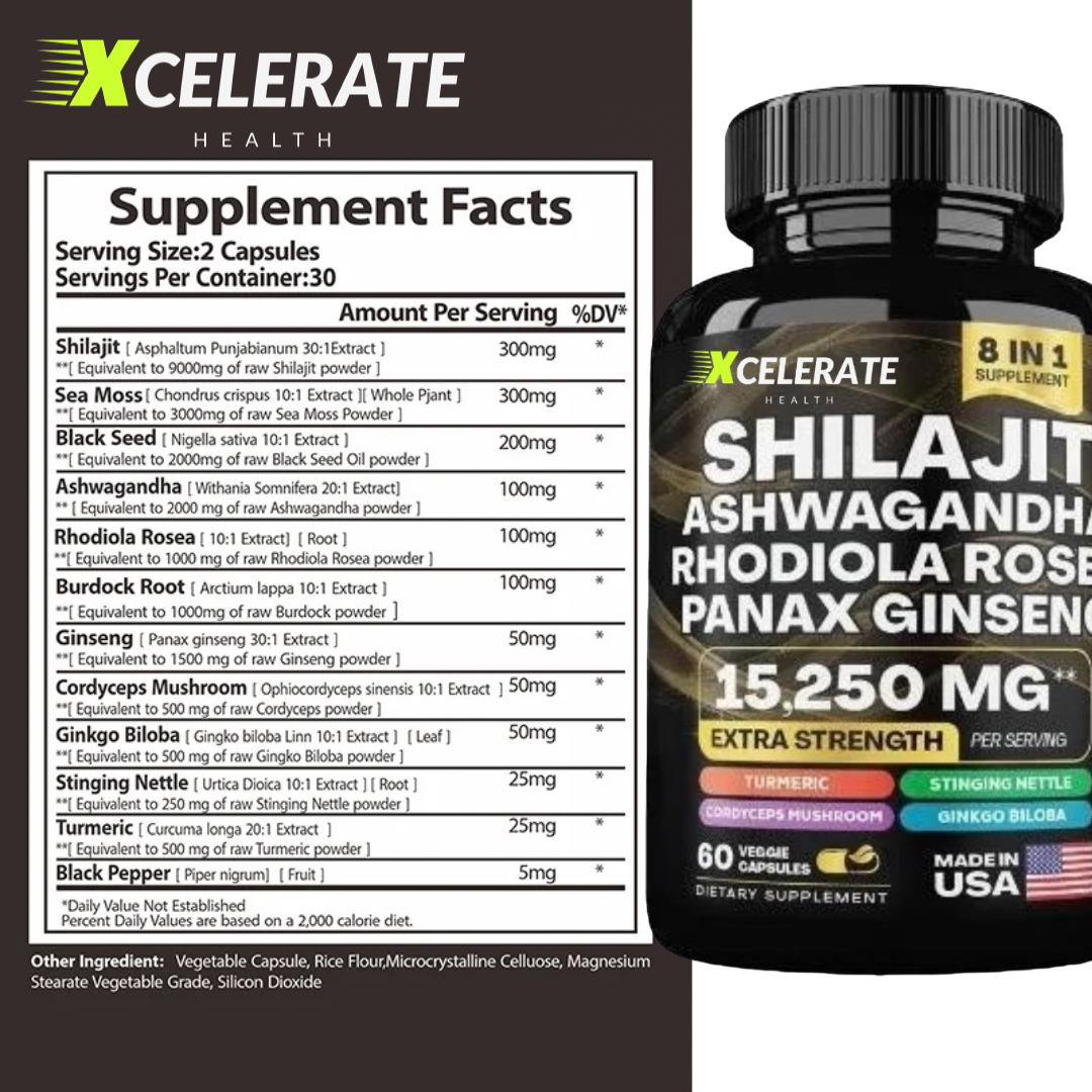 Xcelerate Health Shilajit & Ashwagandha Blend 8 in 1 Supplement Extra Strength Healthcare Fitness Natural